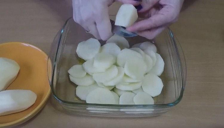 Pinutol namin ang mga patatas sa mga bilog nang direkta sa form.