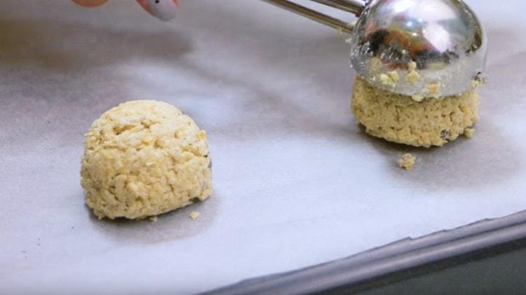 Ipinakalat namin ang mga blangko ng cookie sa isang baking sheet na natatakpan ng pergamino.