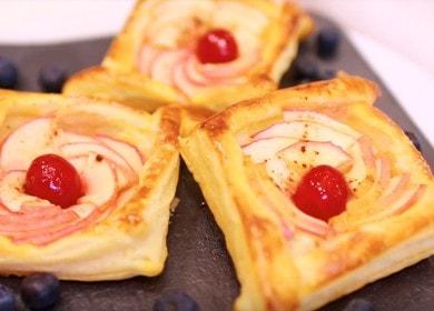 Naghahanda kami ng isang masarap na dessert mula sa puff pastry ayon sa recipe na may isang larawan.