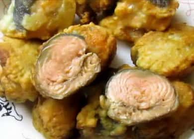 Pink salmon sa batter sa isang pan ayon sa isang hakbang-hakbang na recipe na may larawan