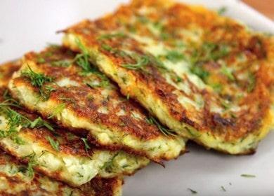 naghahanda kami ng mga light pancakes mula sa zucchini ayon sa isang sunud-sunod na recipe na may isang larawan.