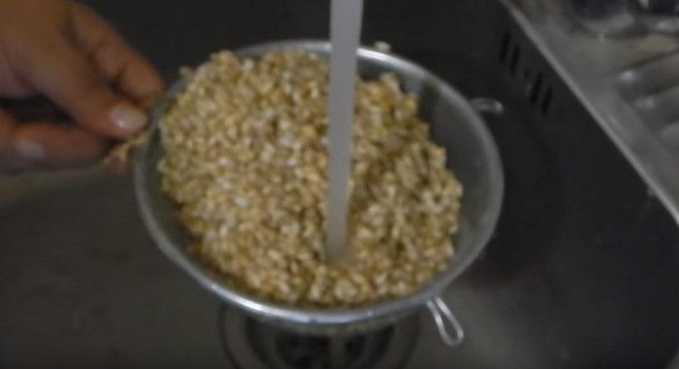 Itinapon namin ang cereal sa isang colander at banlawan sa ilalim ng tubig na tumatakbo.