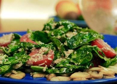 Naghahanda kami ng isang masarap at masustansiyang salad na may spinach at kamatis ayon sa isang sunud-sunod na recipe na may isang larawan.