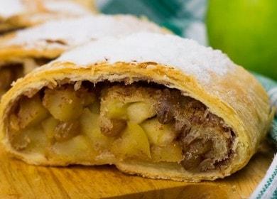 Nagluto kami ng kamangha-manghang masarap na strudel na may mga mansanas mula sa puff pastry ayon sa isang sunud-sunod na recipe na may isang larawan.