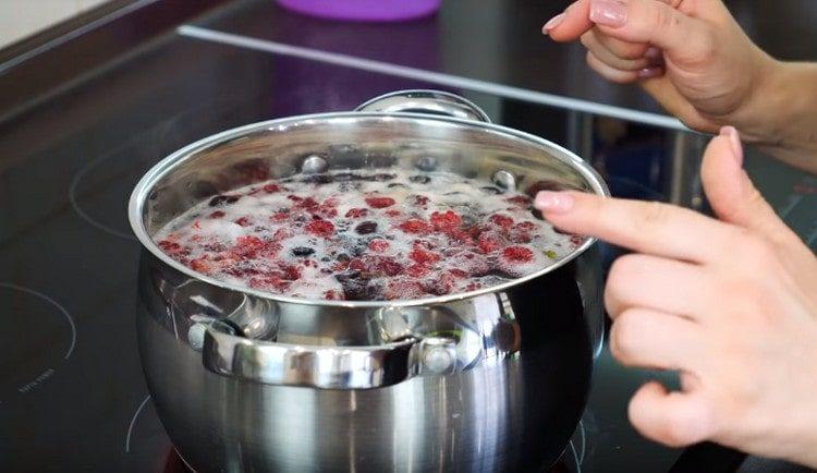 Ilagay ang mga berry sa kawali, magdagdag ng asukal, tubig at pakuluan.