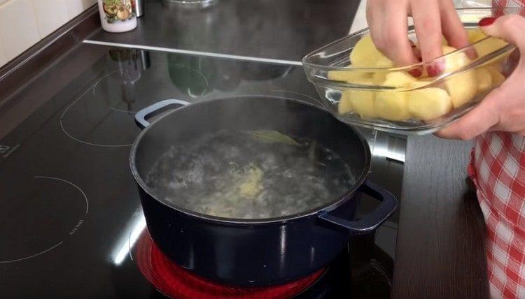 Nililinis namin ang mga patatas, pinutol ang mga ito at inilagay sa pinakuluang tubig.