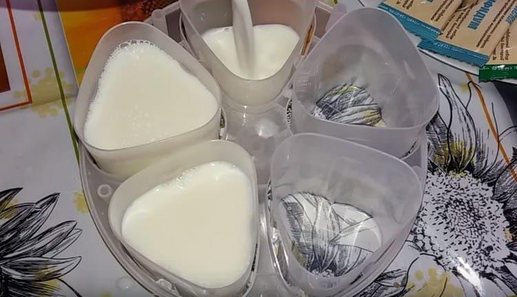 Matapos ihalo ang gatas, ibuhos ito sa lalagyan para sa paggawa ng yogurt.