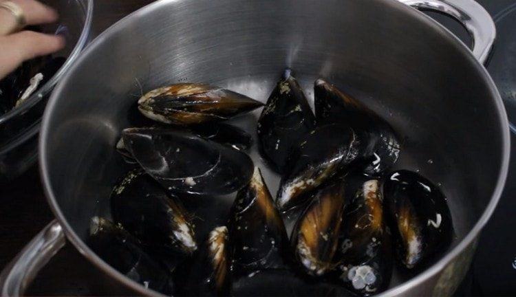 Ilagay ang mga mussel sa alak.